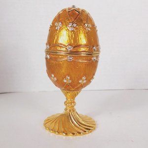 Vintage Mid Century Egg Trinket Music Box Enamel Gold Tone Rhinestones Velvet